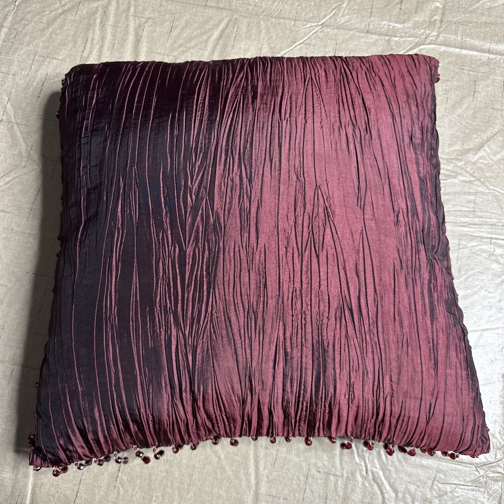 Crinkle Style Crushed Taffeta Decorative Throw Pillow Maroon With Bead 17" X 17"